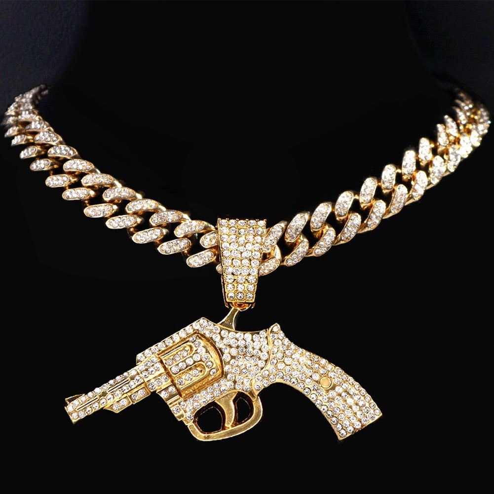 Bling Iced Out Revolver Gun Pendant Necklace With 13mm Crystal Cuban Link Chain Necklace