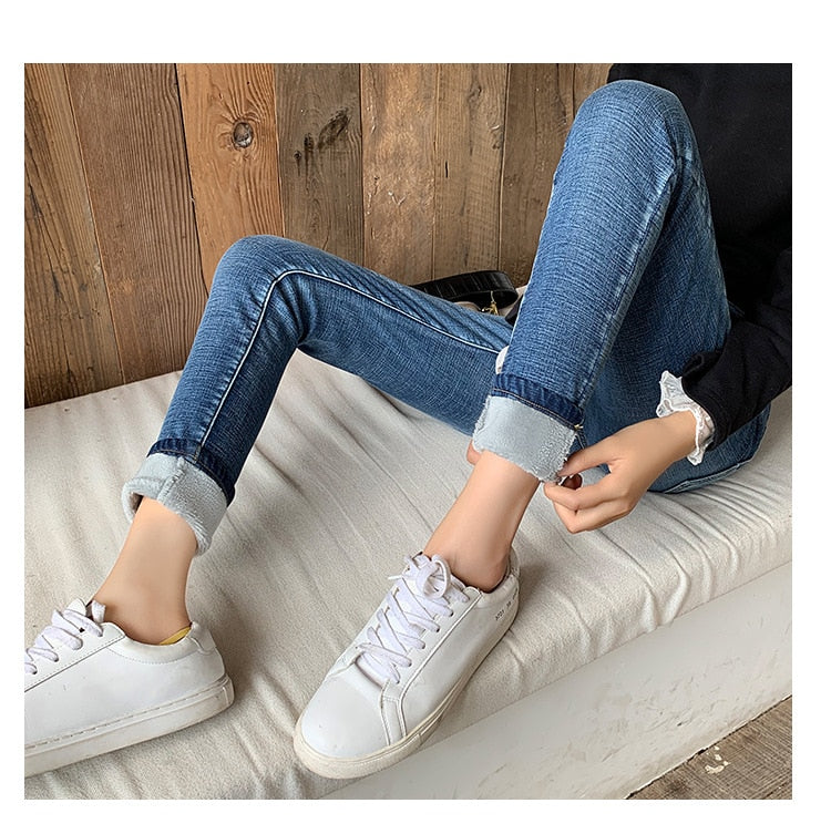 Denim Velvet Lined Women's Skinny Jeans