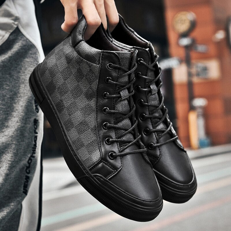 Checkered Pattern Genuine Leather Men's Ankle Boots