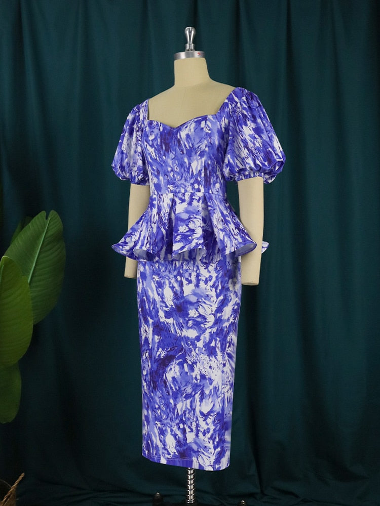 Blue Peplum Tie Dye Puff Sleeve Evening Formal Dress 4XL