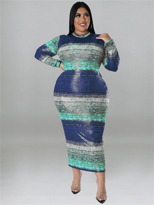 Tie Dye Bodycon Long Sleeve Maxi Dress w/ Belt Plus to 5X