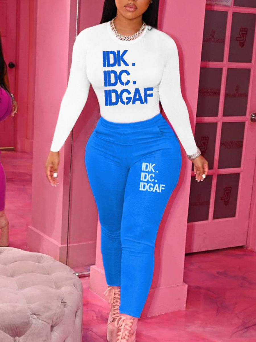 Tune Squad /Heart / IDK IDC IDGAF Printed Long Sleeve Women's O-Neck T-Shirt + Pants 2-Piece Set to 5X Plus Size