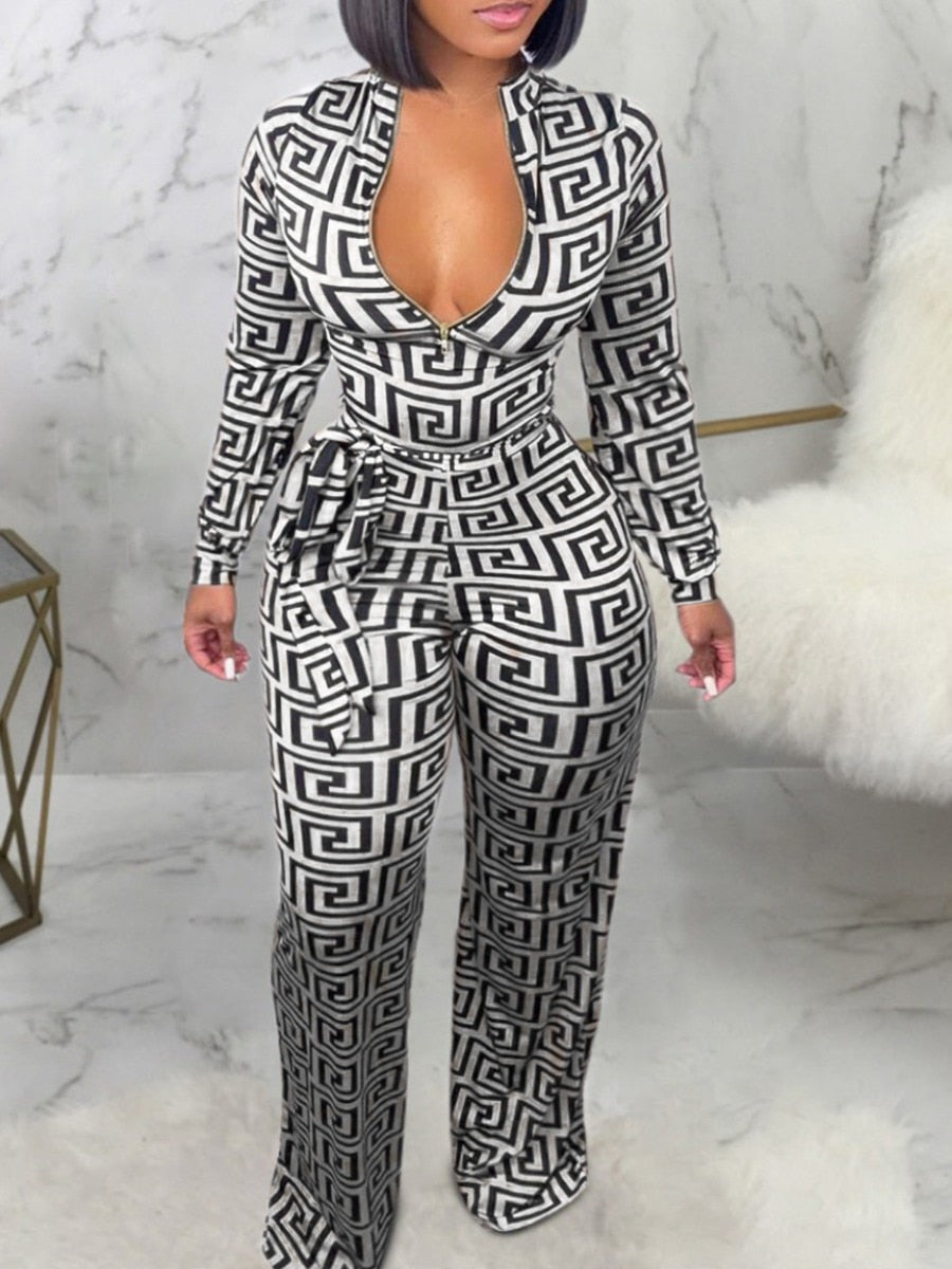 Geometric Print Wide Leg Deep V-Neck Loose Bandage Long Sleeved Jumpsuits Plus to 5X