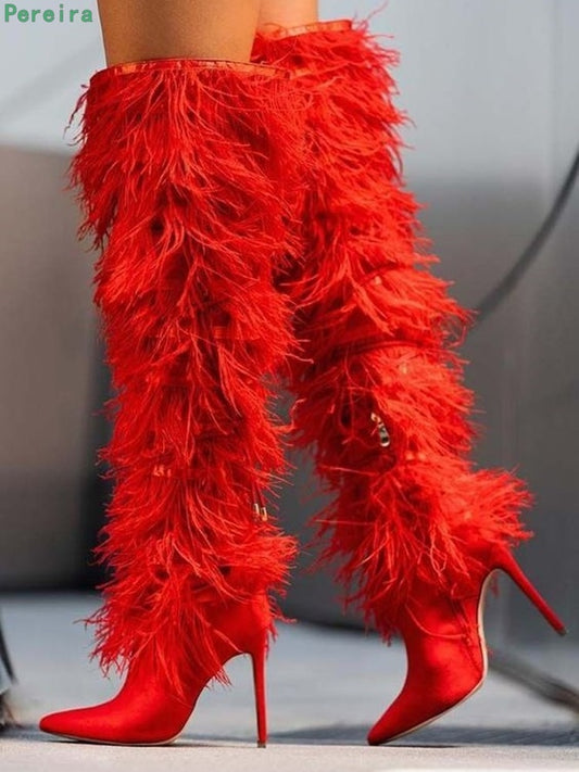 Red Furry Over-the-Knee Pointed Toe Side Zipper Boots