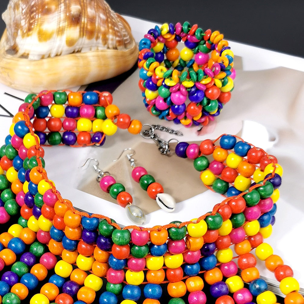 Beaded Wood Rainbow Color Bohemian Jewelry Set-Choker Necklace, Earrings & Bracelet