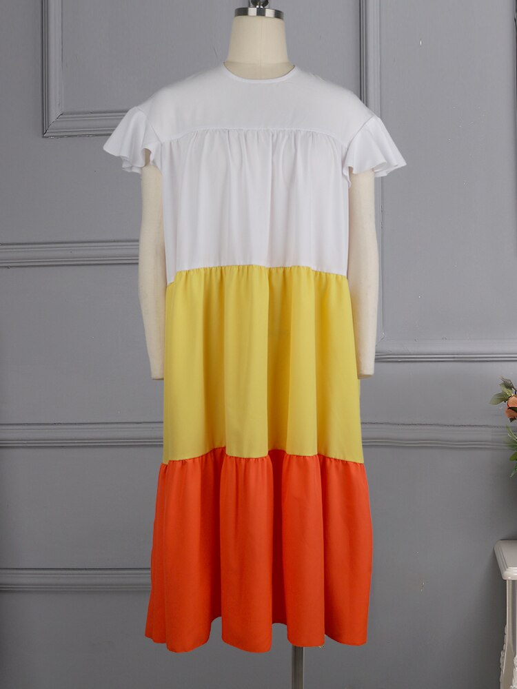 Colorblock Petal Short Sleeve Zipper Back White/Yellow/Orange Cotton Loose Plus Size Dress to 5X