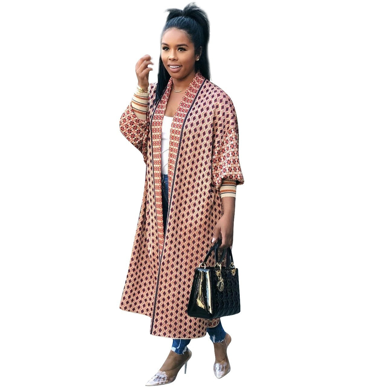 Geometric/Plaid/Leopard Print Ribbed Women's Long Sleeve Maxi Cardigan Sweater