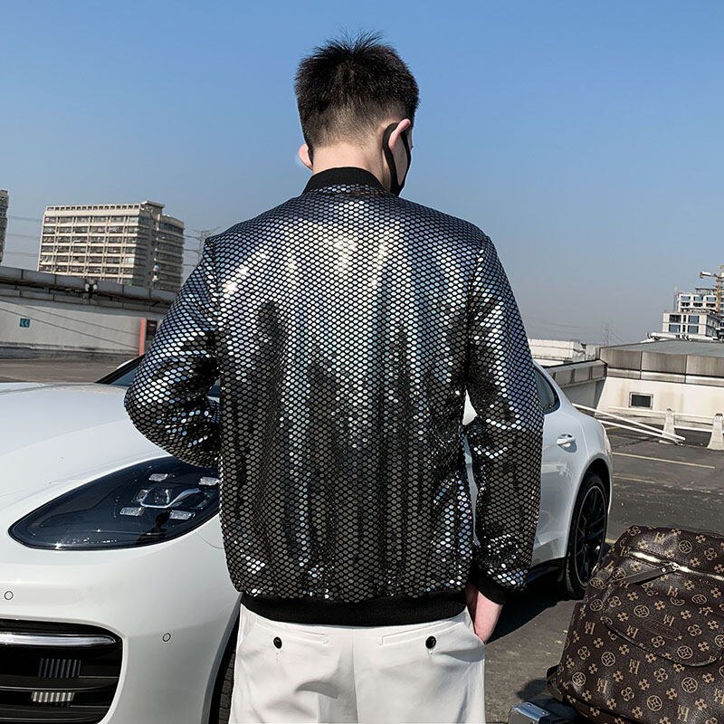 Men's Sequined Shiny Long Sleeve Glitter Zipper Bomber Jacket