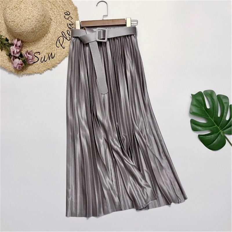 Satin Loose Pleated Solid Color High Waisted Maxi Skirt