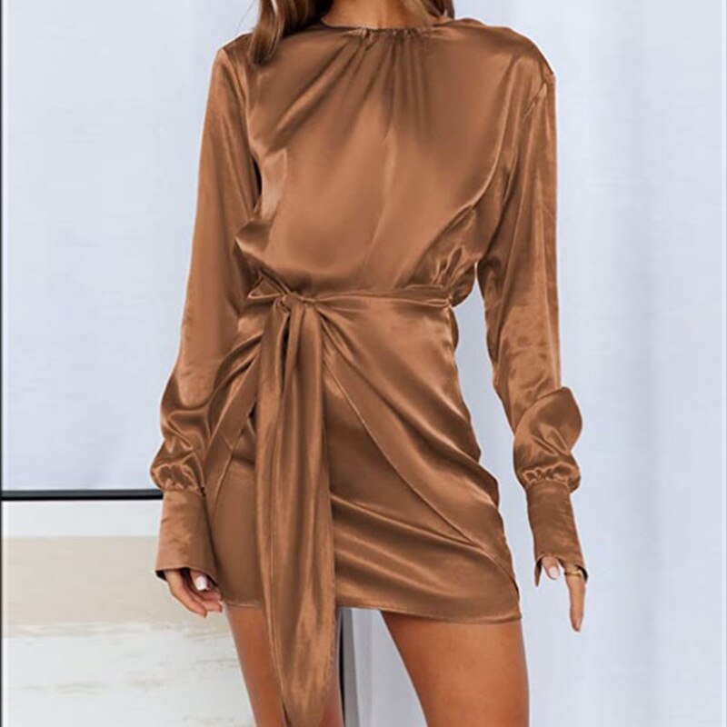 Satin Long Sleeve Round Neck Elastic Lace Dress w/ Belt