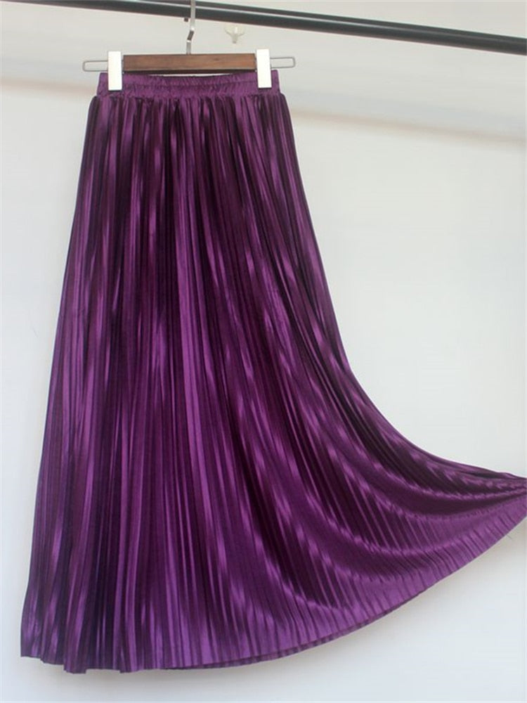 Satin Loose Pleated Solid Color High Waisted Maxi Skirt