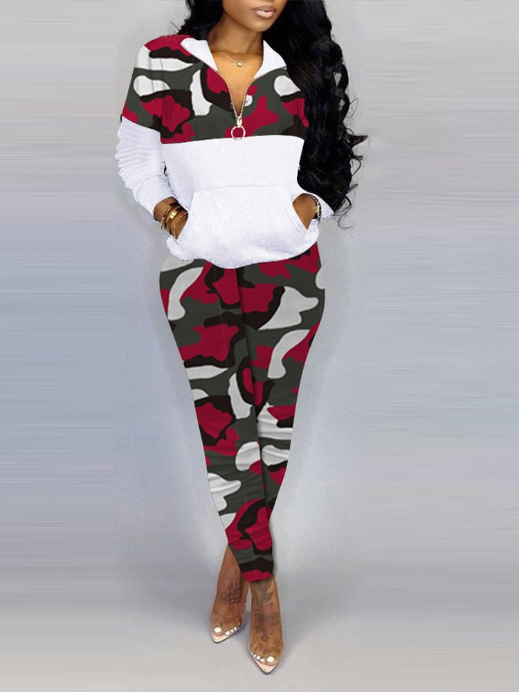 Camoflauge Geometric Print Pocket Zipper Front Pullover & Pants Plus Ladies Sweatsuit to 4X