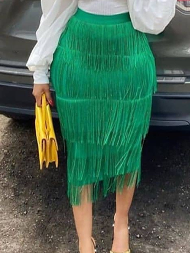 Tassel Fringe Bodycon Pencil High Waist Midi Plus Skirt to 3X