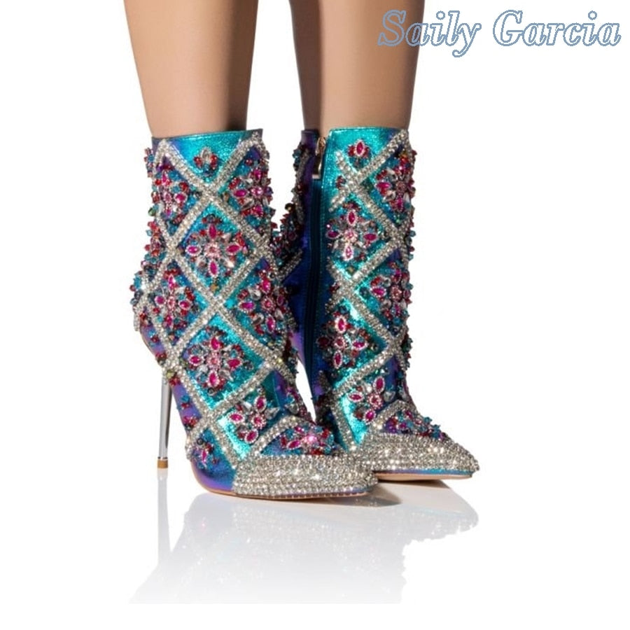 Rhinestone Decorated Stiletetto Heel Pointed Toe Ankle Boots