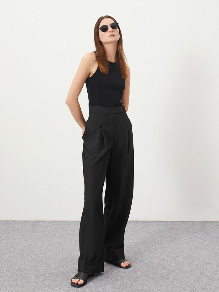 Ladies Office Trousers Women High Waist Pants Pleated Wide Leg Slacks