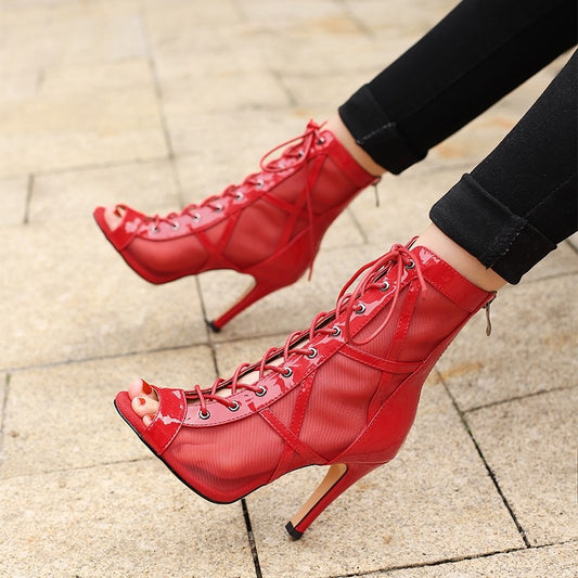 Patent Leather Patchwork Mesh Cross Tie Up Open Toe Ankle Boots