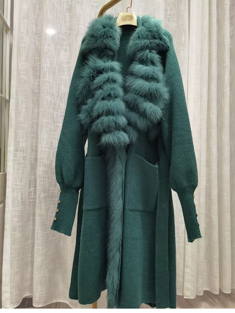 Women's Real Fox Fur Collar Knitted Oversized Maxi Cardigan Sweater Trenchcoat w/ Belt