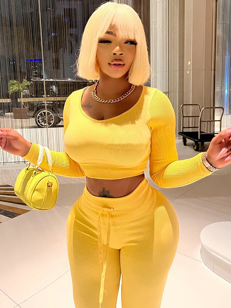 Yellow Long Sleeve Skinny Crop Tops + High Waist Leggings 2-Piece Set