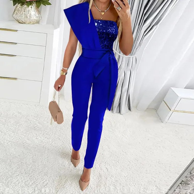 Sequin Patchwork Short Sleeve Slim Bodycon Jumpsuit