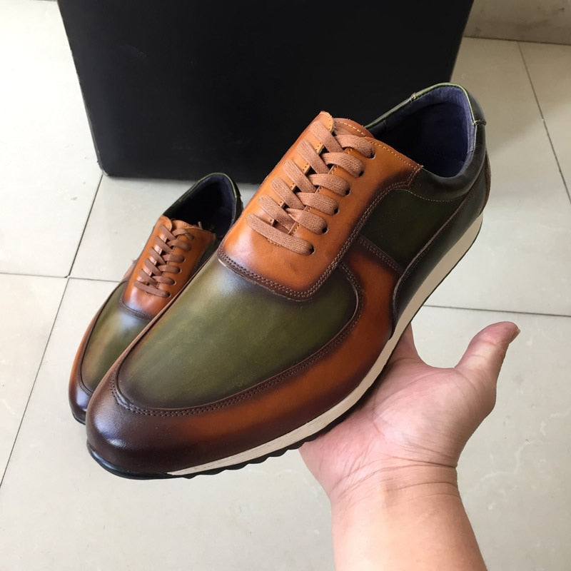 Men's Green/Brown Genuine Leather Hand Painted Oxford Lace-Up Sneakers