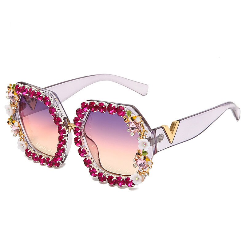 Floral Square Rhinestone Diamond Bling Sunglasses