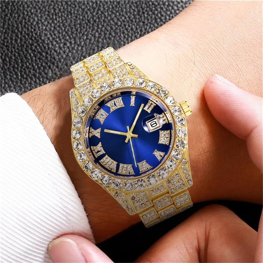 Colored Iced Out Full Diamond Around Luxury Quartz Men's Watches Silve