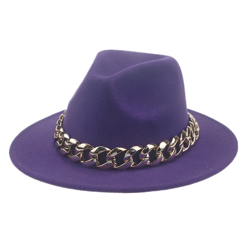 Unisex Gold Chain Design Wide Brim Panama Fedora Hat