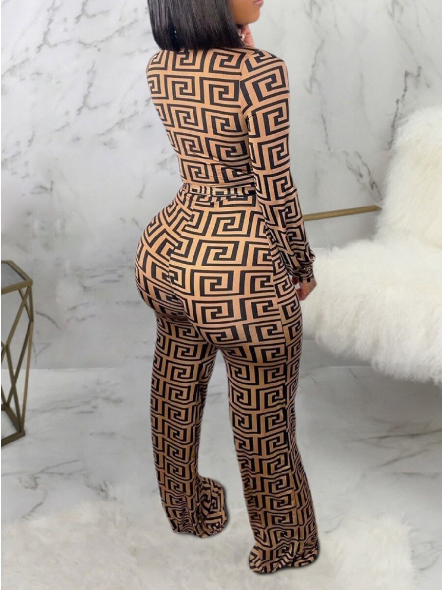 Geometric Print Wide Leg Deep V-Neck Loose Bandage Long Sleeved Jumpsuits Plus to 5X