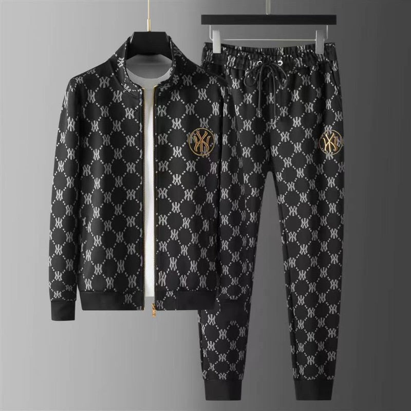 Men's Designer Monogram Print O-Neck Long Sleeve Zipper Jacket + Matching Sweatpants Tracksuit