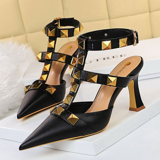 Gold Rivet Buckle Strap Block Heel Gladiator Replica Designer Pumps