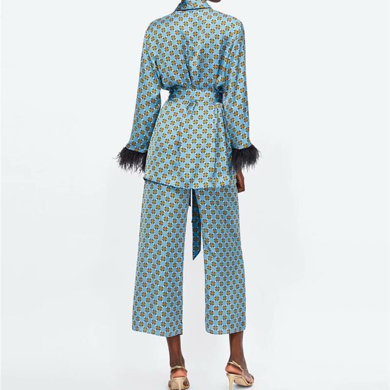 Monogram Print Kimono Jacket w/ Feather Sleeves + Wide Leg Pants Ladies 2-Piece Suit