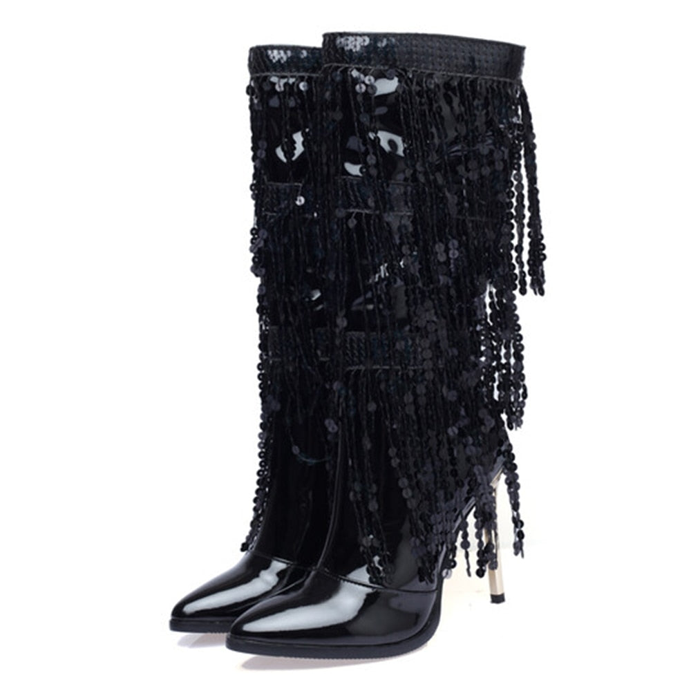 Mirror Metallic Fringe Tassel Detail Glitter Pointed Toe Mid-Calf Women's Boots