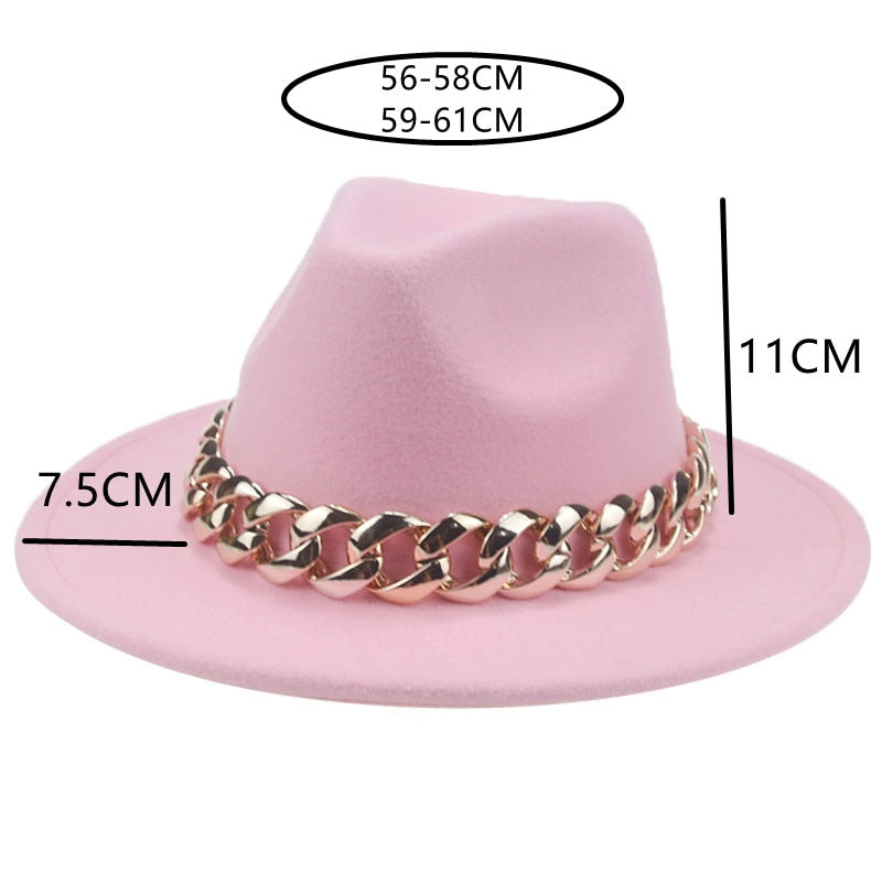 Unisex Gold Chain Design Wide Brim Panama Fedora Hat