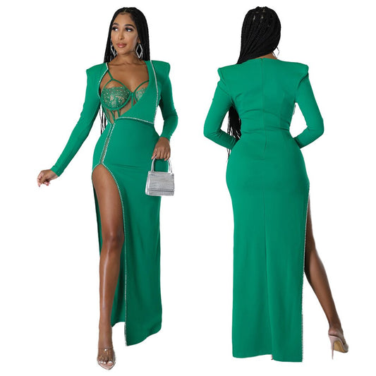 Diamond Rhinestone Sheer Mesh Bodysuit Long Sleeve High Slit Dress