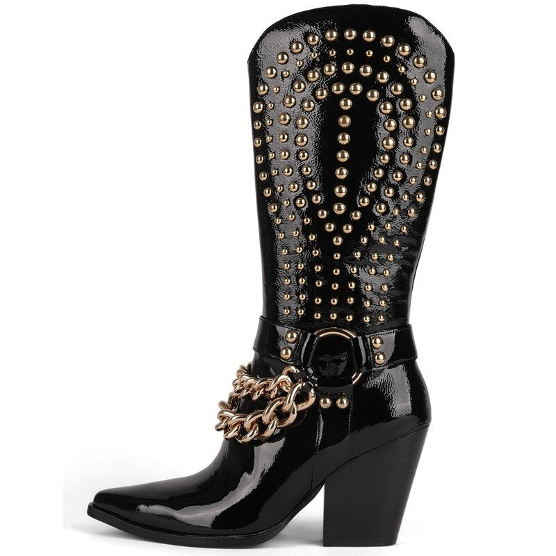 Rivet Gold Chain Leather Knee High Pointed Toe Cowboy Boots