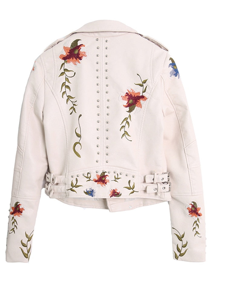 Women's Floral Embroidered Faux Leather Turn-down Collar Motorcycle Punk Jacket