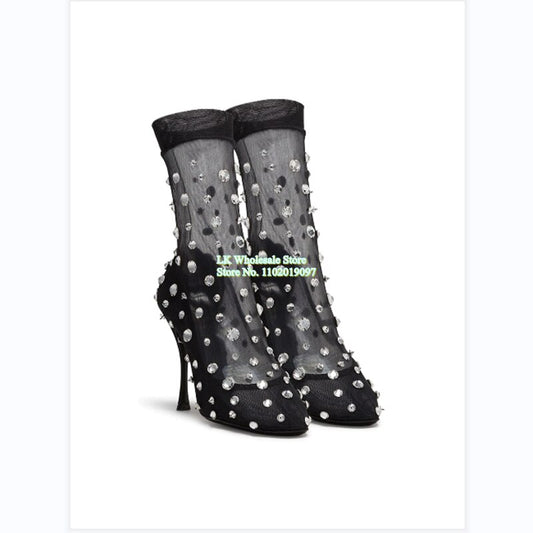 Mesh Transparent Crystal Rhinestone Embellished Women's Pointed Toe Stiletto Leather Ankle Boots