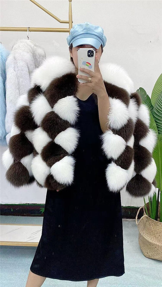 REAL FOX FUR Ladies Plaid Checkerboard Pattern Jacket