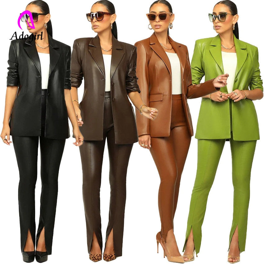 PU Leather Women's Notch Neck Blazer & Pants Office Suit