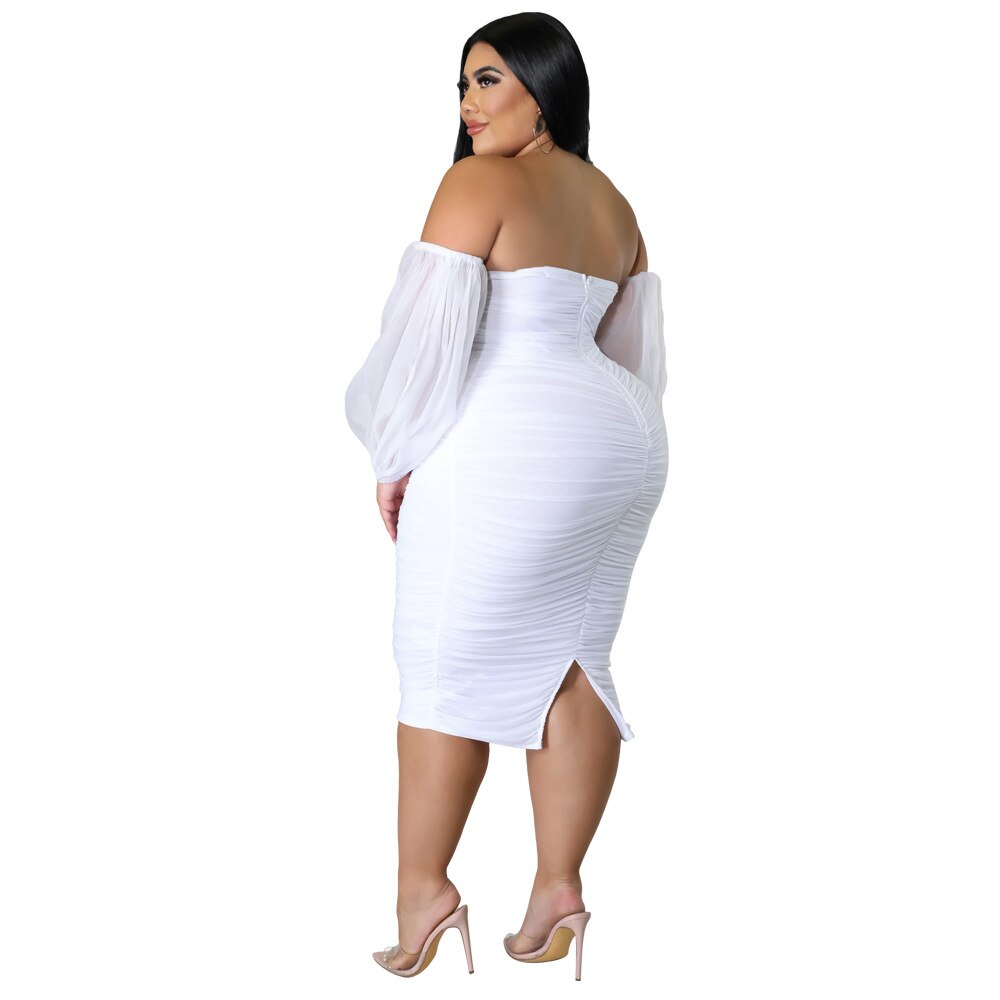 Off Shoulder Mesh Sleeve Midi Bodycon Dress to 4X Plus