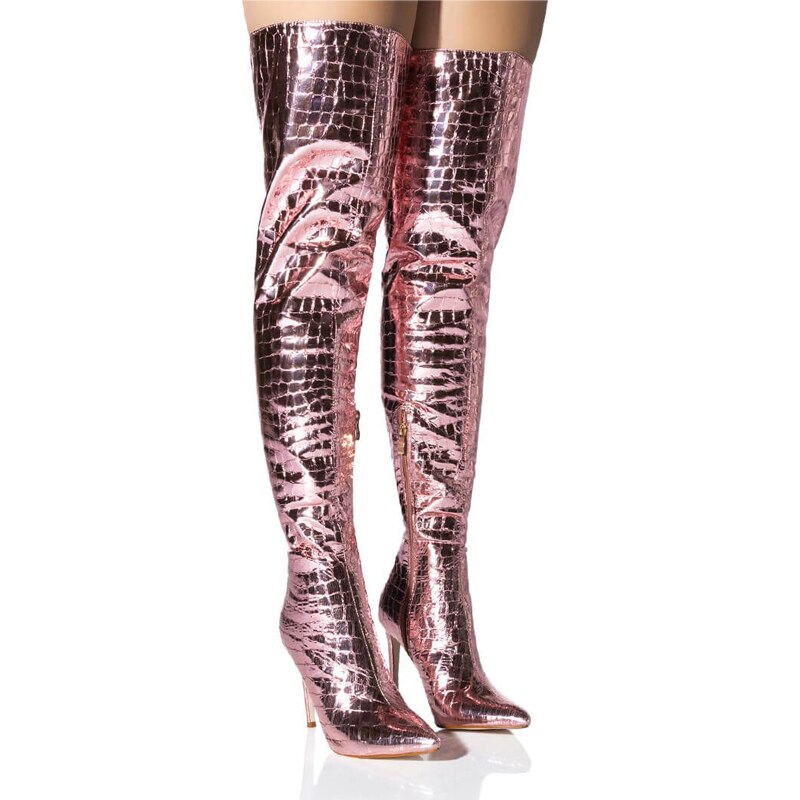 Pointed Toe Stiletto Thigh High Women's Winter Crocodile Pattern Zipper Vegan Over the Knee Boots