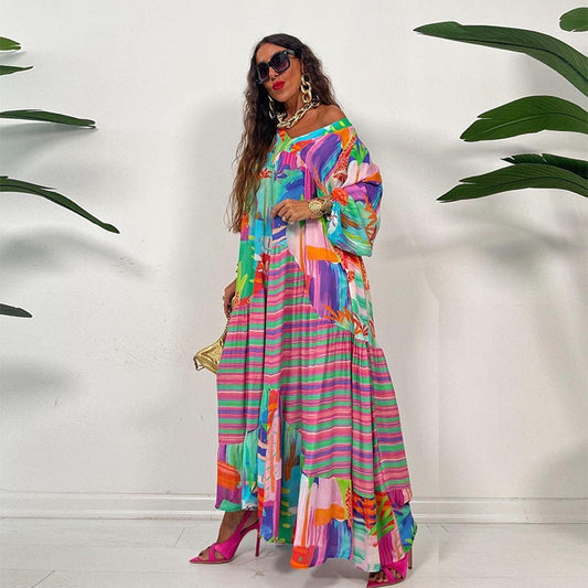 Oversized Long Sleeve V-Neck Printed Maxi Dress to 3X Plus