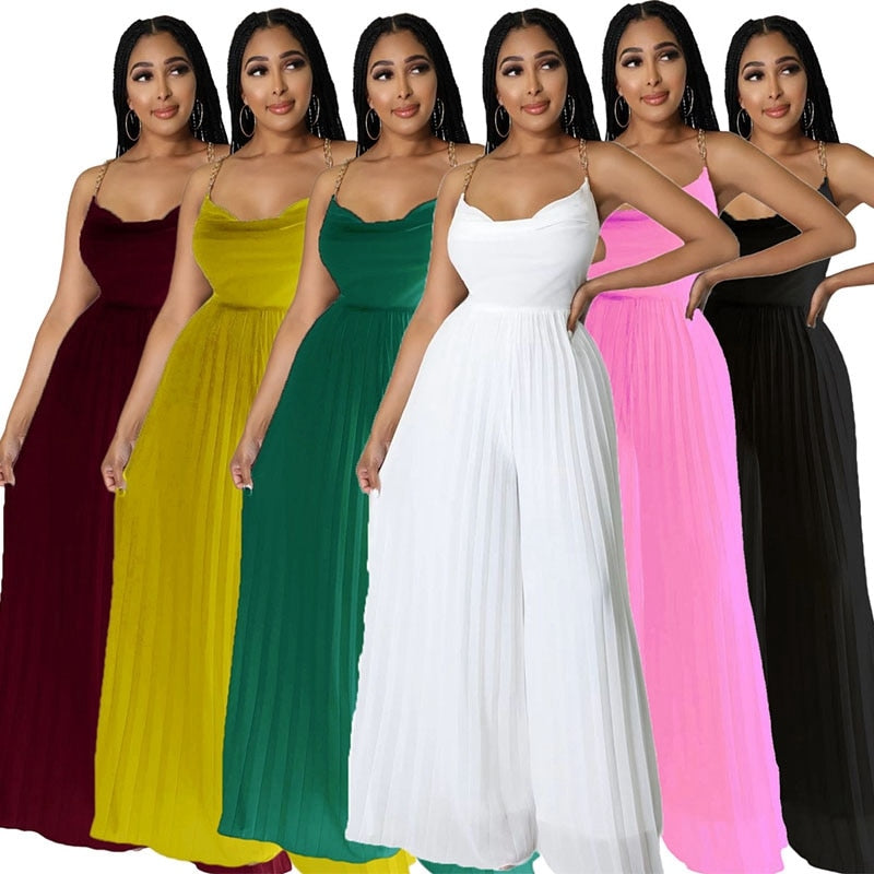 Pleated Chiffon Spaghetti Chain Strap Backless Wide Leg Jumpsuit