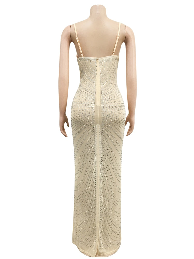 Mesh Sheer Rhinestones Spagetti Strap Crystal Maxi Dress Gown