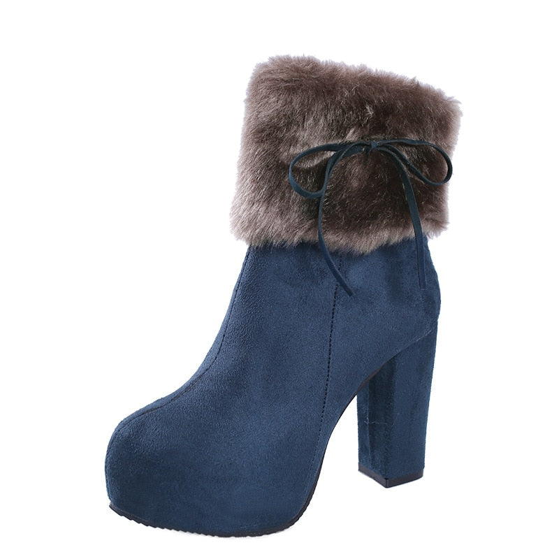 Plush Furry Platform Round Toe Square Heel Ankle Boots