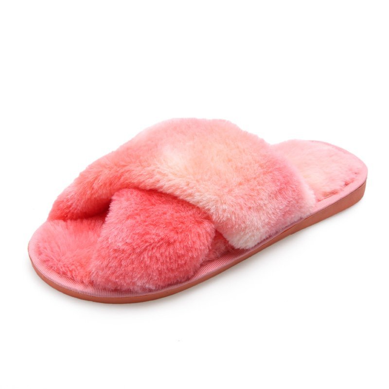 Mixed-Color Ladies Fur Slippers Rainbow Color Home Slippers