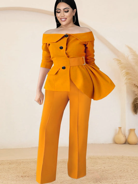 Off Shoulder Long Sleeve Button Up Blazer + High Waist Pants Women's Office Suit to 3X Plus