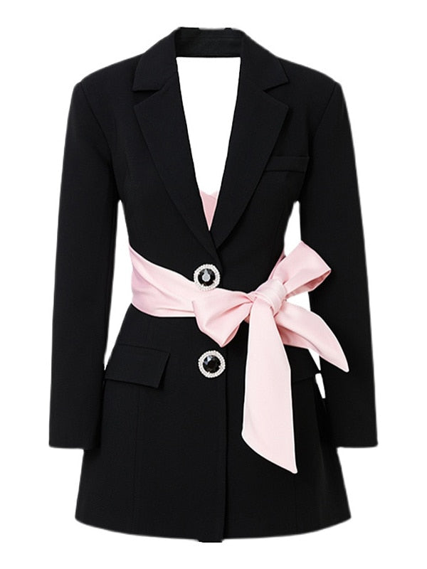 Notched Long Sleeve Patchwork Diamond Ladies Blazer