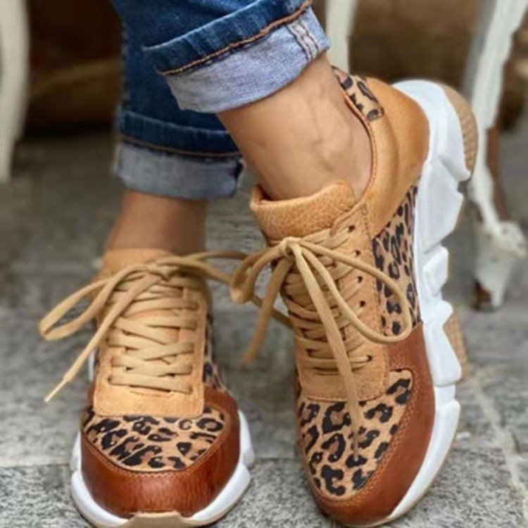 Leopard Platform Round Toe Low-top Wedge Lace Up Women's Sneakers