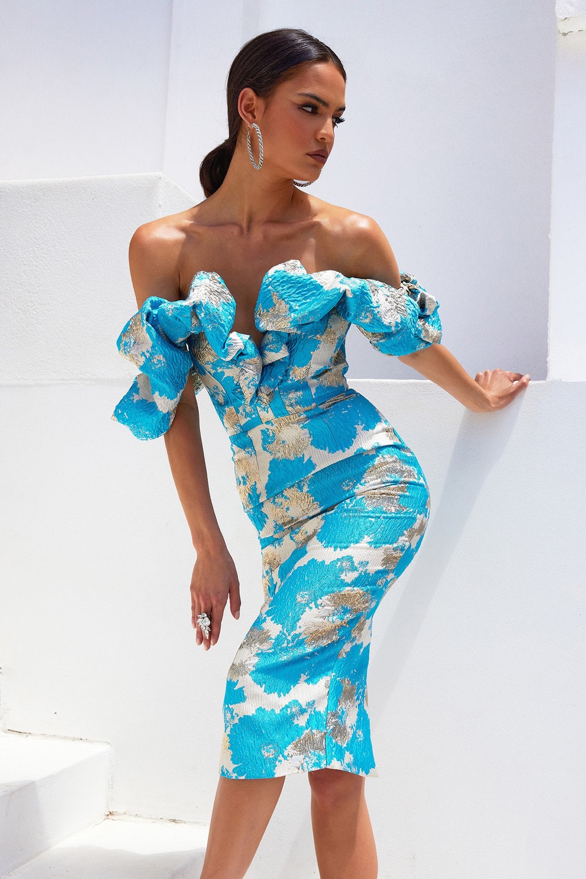 Ruffled Off Shoulder V-Neck Backless Midi Split Dress